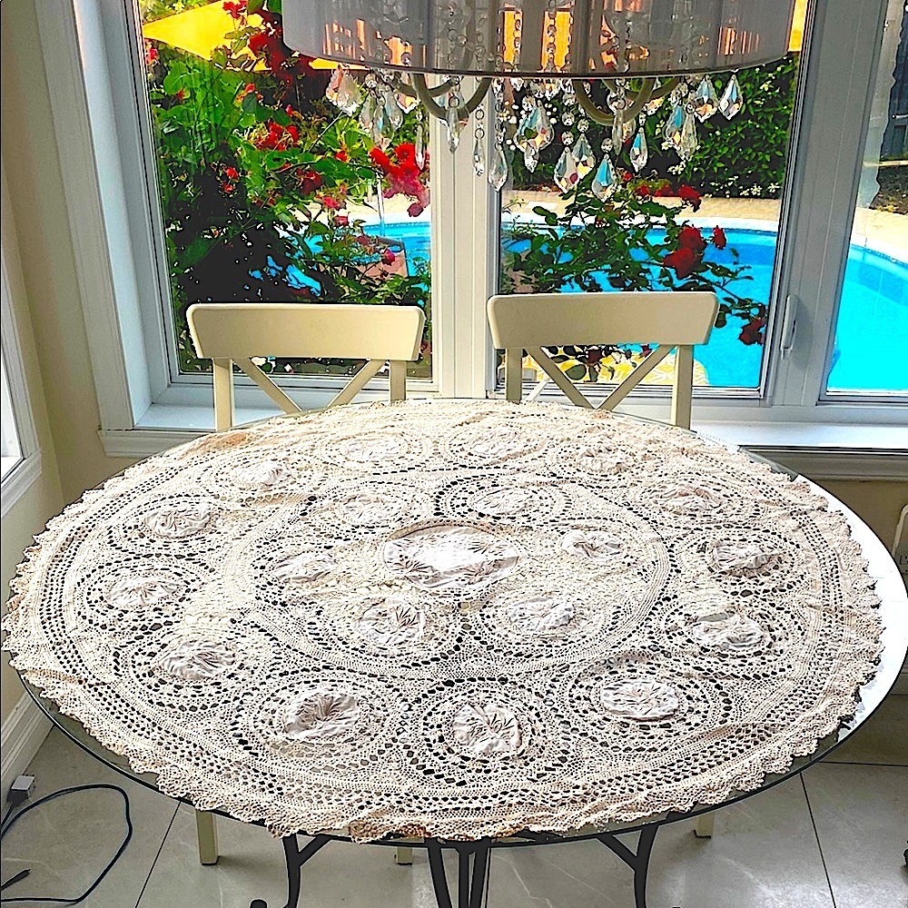 VINTAGE round cotton cream lace Tablecloth 
48” round